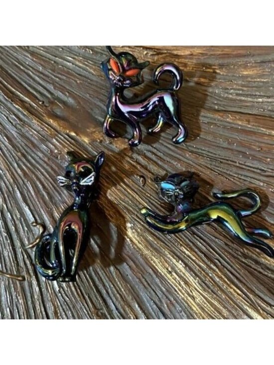 Unknown Jewelry - Set of 3 Opalescent Cat Brooches Kitty Figural Animal Pins Vintage
